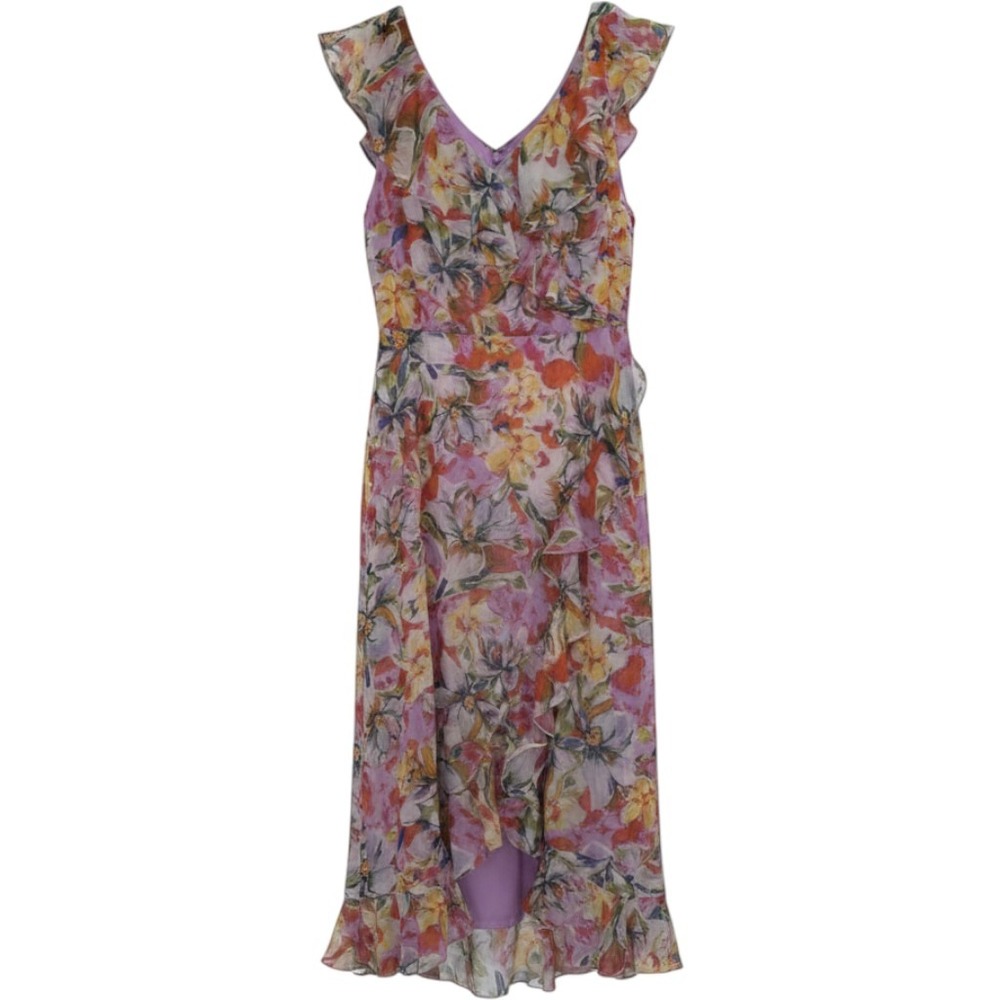 NWT London Times Womens 14 Floral Ruffle High-Low Midi Dress Lavender liner